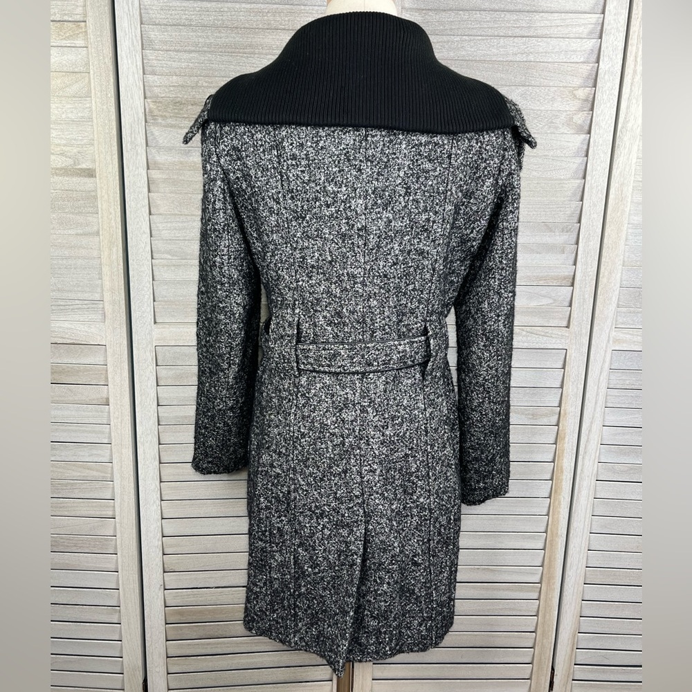 CALVIN KLEIN Tweed Wool Blend Coat w Belt Black & White-Small - Picture 5 of 6